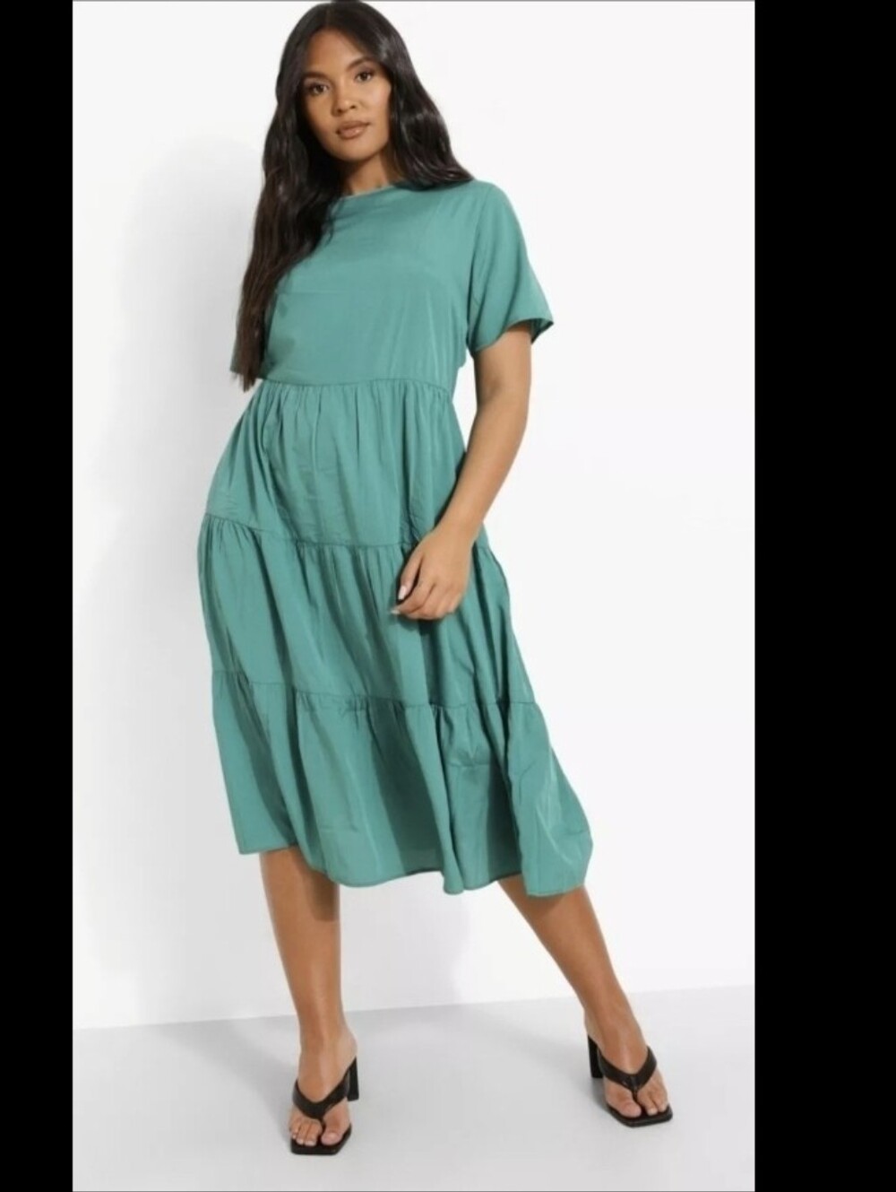 Boohoo Plus Tiered Midi Smock Dress Green 18